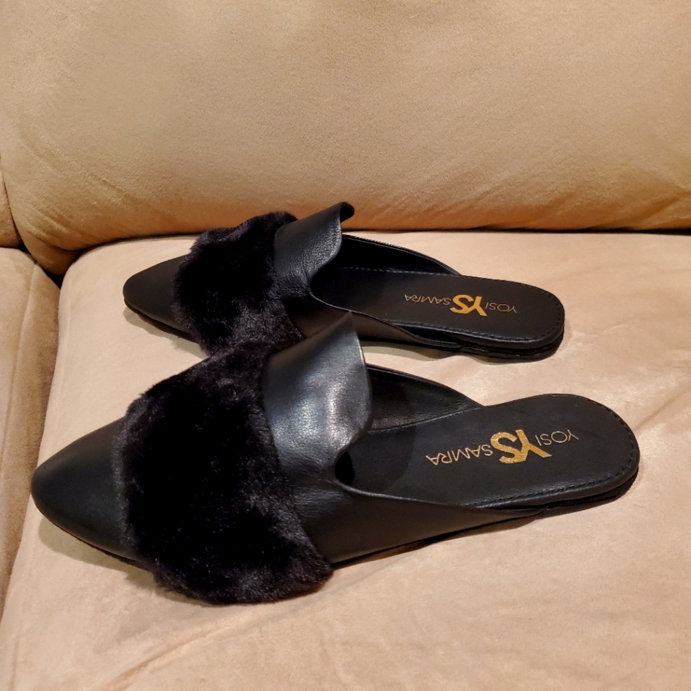 Yosi Samra Vixen Black Leather Faux Fur Mule 8